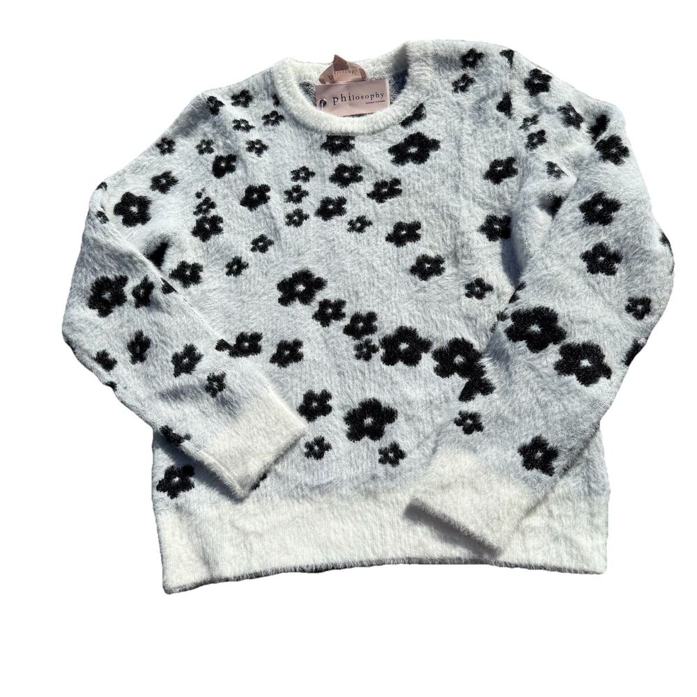 Philosophy White Black Flower Crew Neck Fuzzy Warm Sweater‎ Women Small NWT $88